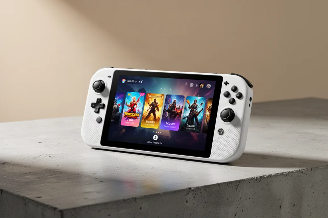 AYN Odin 3 branco, dispositivo de jogos portátil sobre uma superfície de concreto fosco