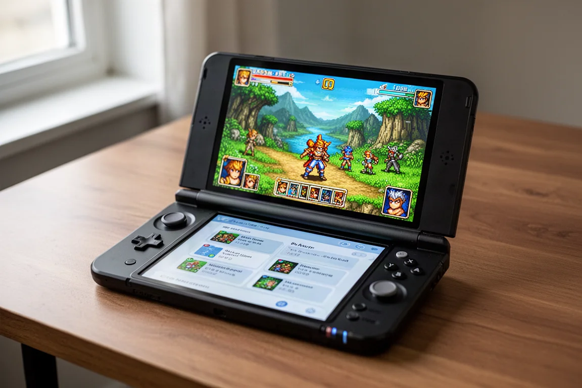 Dispositivo di gioco portatile aperto che mostra due schermi OLED con un gioco retrò sul display superiore