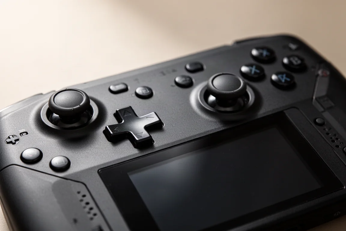 Primo piano dei controller analogici e del D-pad del dispositivo portatile