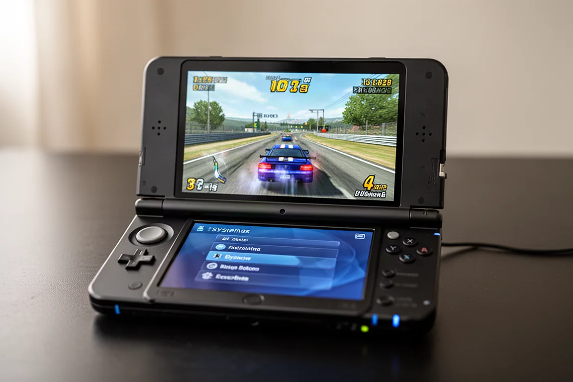 Dispositivo portatile che esegue un gioco di corse PlayStation 2 sullo schermo superiore