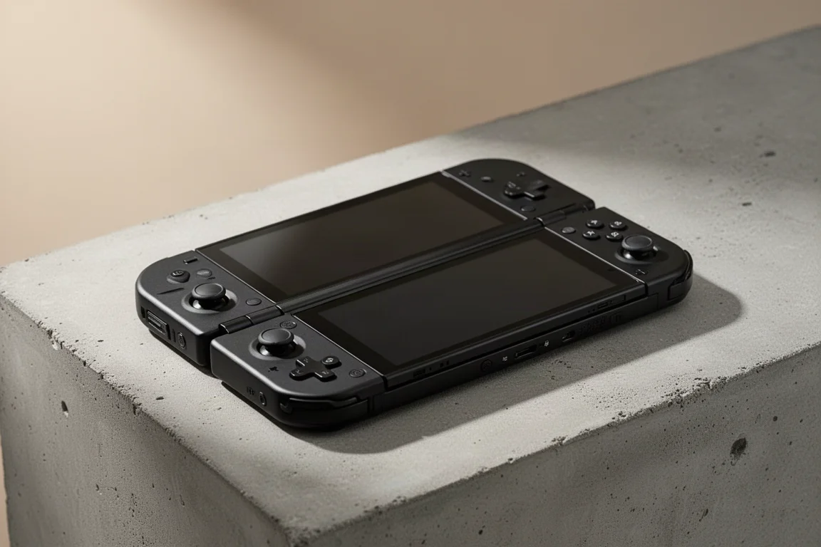 Dispositivo di gioco portatile a conchiglia chiuso AYN Thor Lite su superficie di cemento