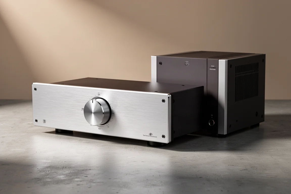 High-end solid-state stereo preamplifier with large volume knob beside a separate power supply chassis