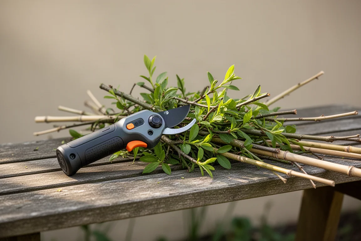Sécateur sans fil compact posé sur un banc de jardin à côté de branches fraîchement coupées