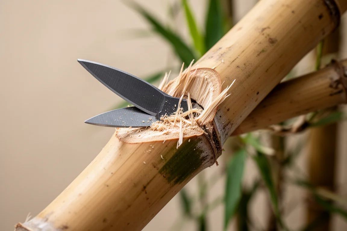Gros plan sur une lame de sécateur réalisant une coupe nette dans une canne de bambou épaisse