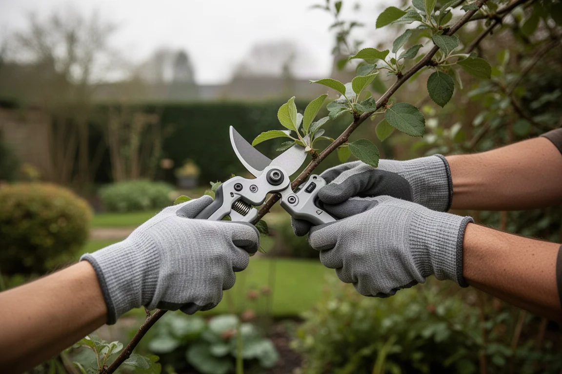 Mains gantées d'un jardinier utilisant un petit sécateur pour tailler une branche dans un jardin