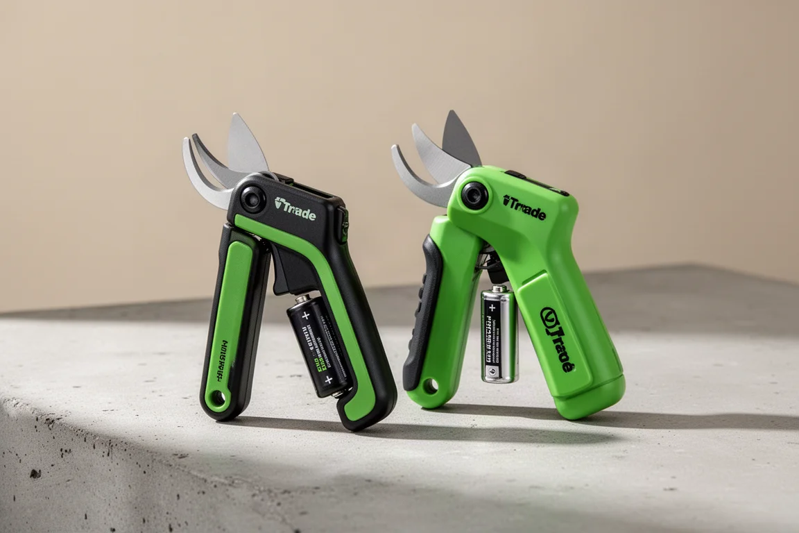 Two compact cordless garden pruners side by side on a concrete surface