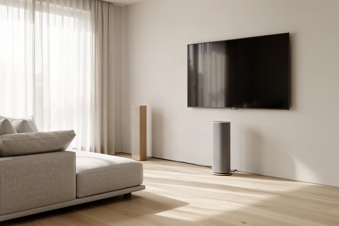 Soggiorno minimalista con un diffusore a colonna sottile sotto una televisione montata a parete