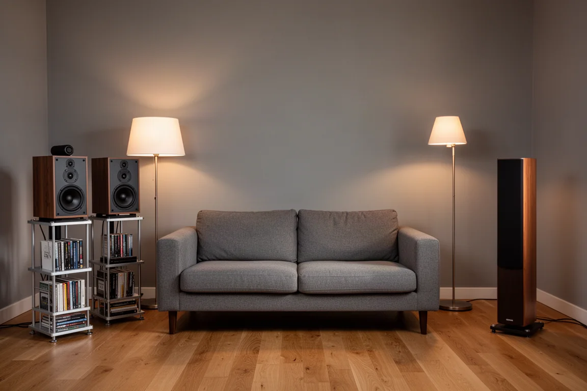 Coppia di diffusori da scaffale su supporti accanto a un diffusore a colonna sottile in una sala d'ascolto