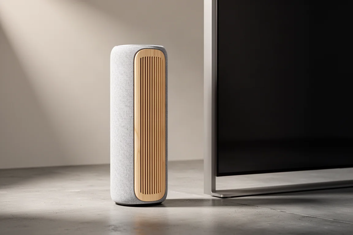Slim column speaker with oak slat grille standing beside a large flat panel display