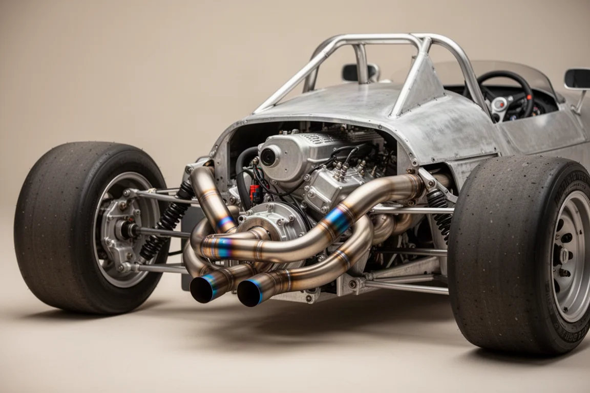 Motorraum eines leichten Sportwagens mit Titan-Auspuffanlage
