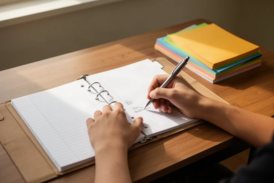 Student writing notes by hand in a binder at a desk with morning light
