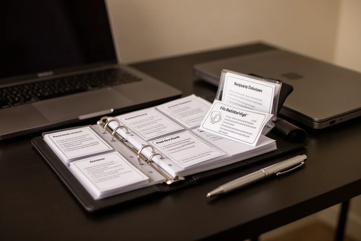 Compact mini binder open on a laptop-desk setup showing small review sheets