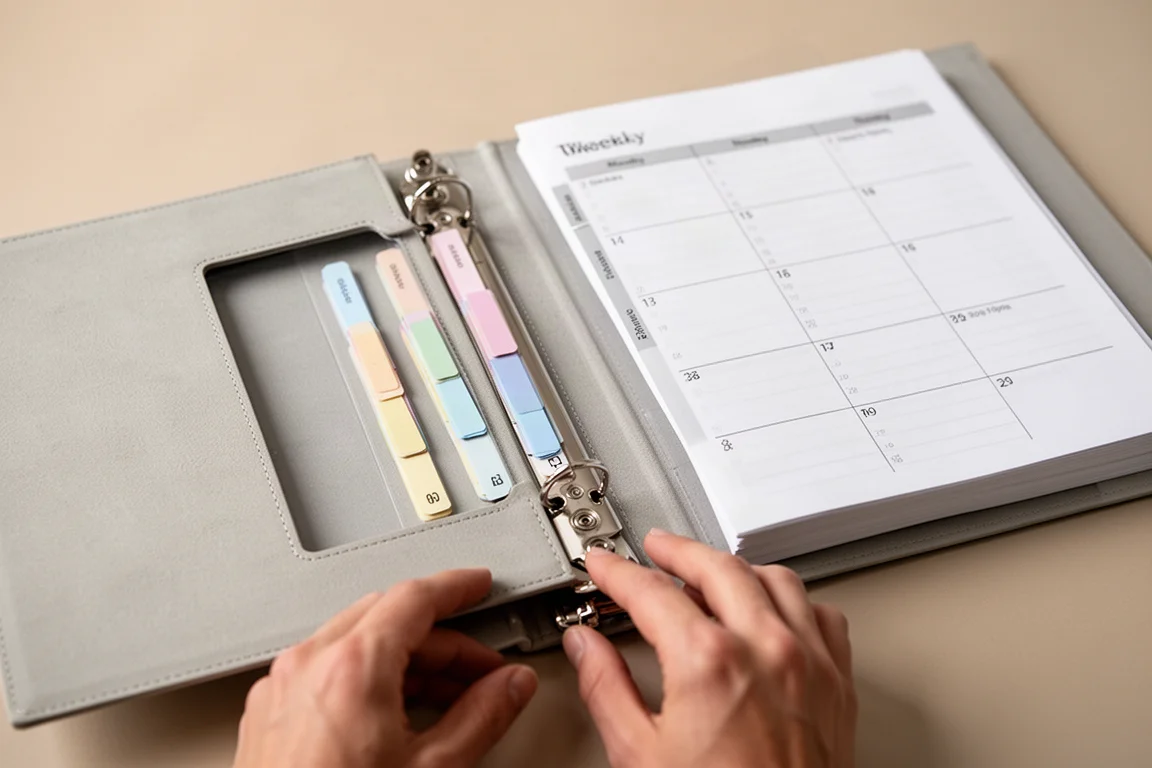 Open binder showing front-cover cutout with index tabs and a weekly planner page