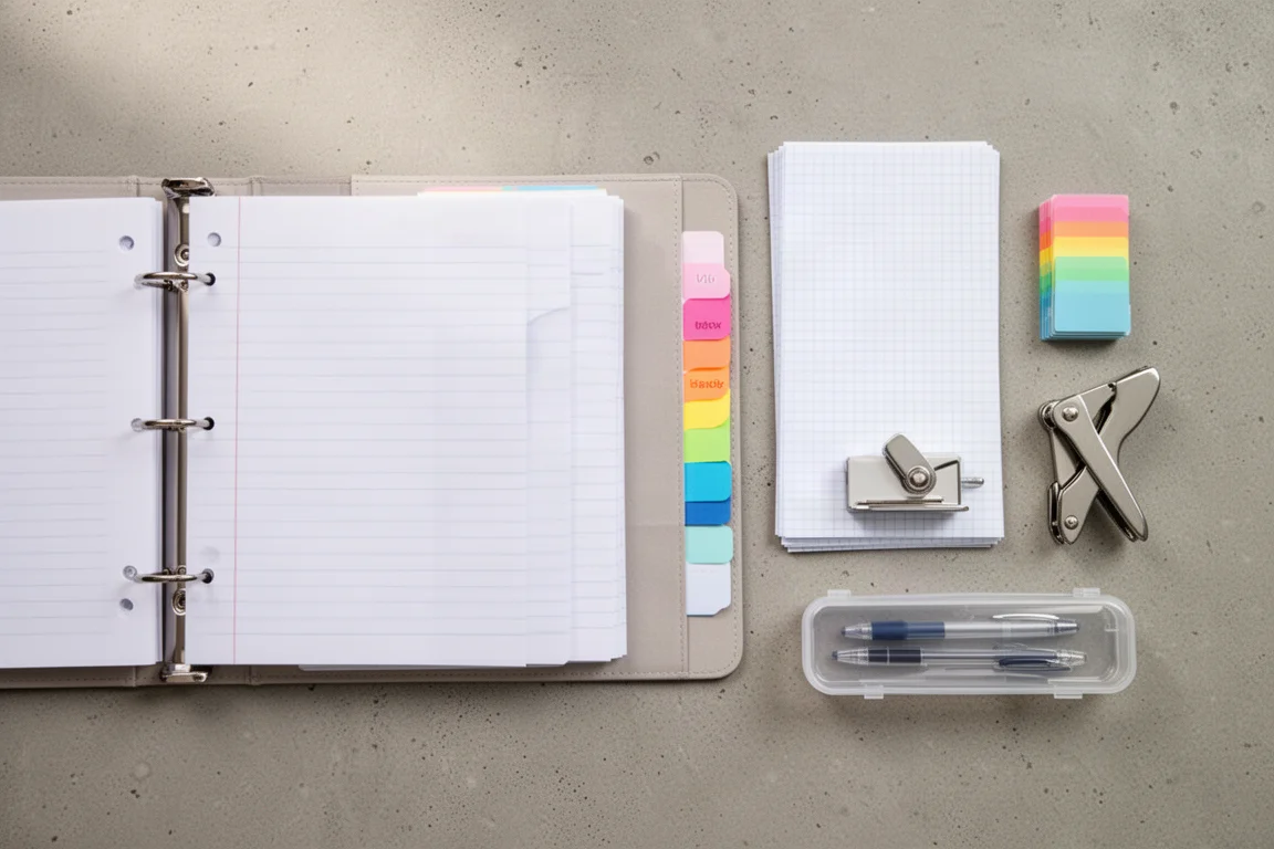 Flat lay of binders, loose leaf paper, and stationery accessories on a desk
