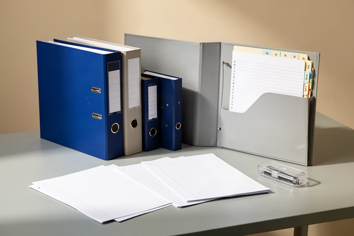 Drei Ringbücher mit Loose-Leaf-Papier und einem Federetui auf einem grauen Schreibtisch arrangiert