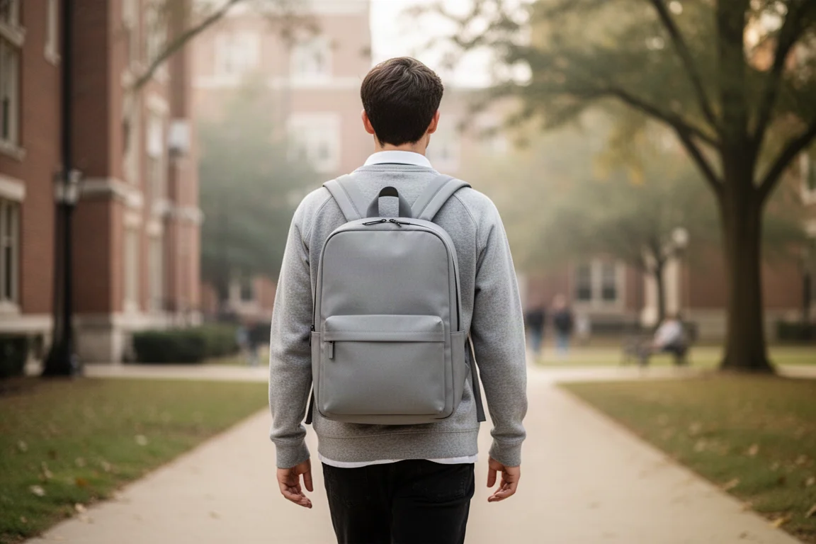 Student die in ochtendlicht over de campus loopt met een slanke rugzak