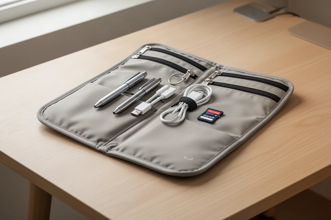 Platvouwbaar rits-etui op een bureau geopend, met pennen en kabels