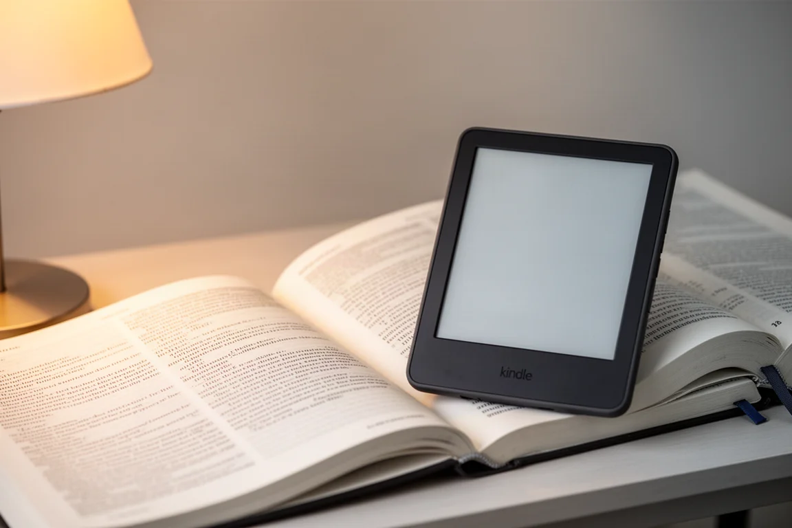Telefoongrootte e-inktlezer op een open studieboek bij een bureau