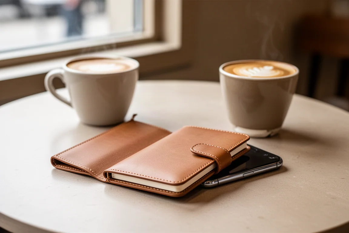 Opgeklapt notitieboek-portemonnee met telefoon erachter op een koffietafel