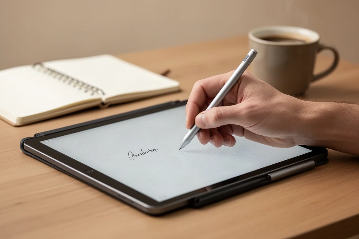 Mani che scrivono con uno stilo su un tablet con superficie dello schermo opaca e testurizzata