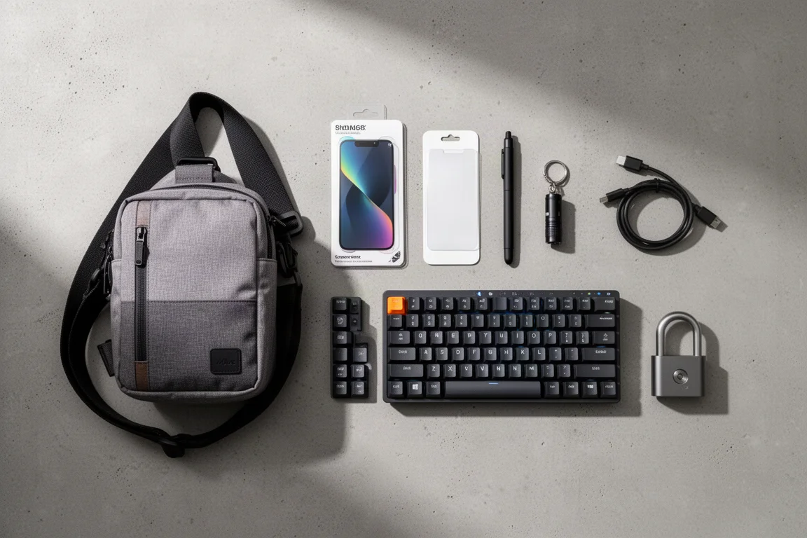 Vista dall'alto di sette accessori everyday carry disposti su una superficie di cemento