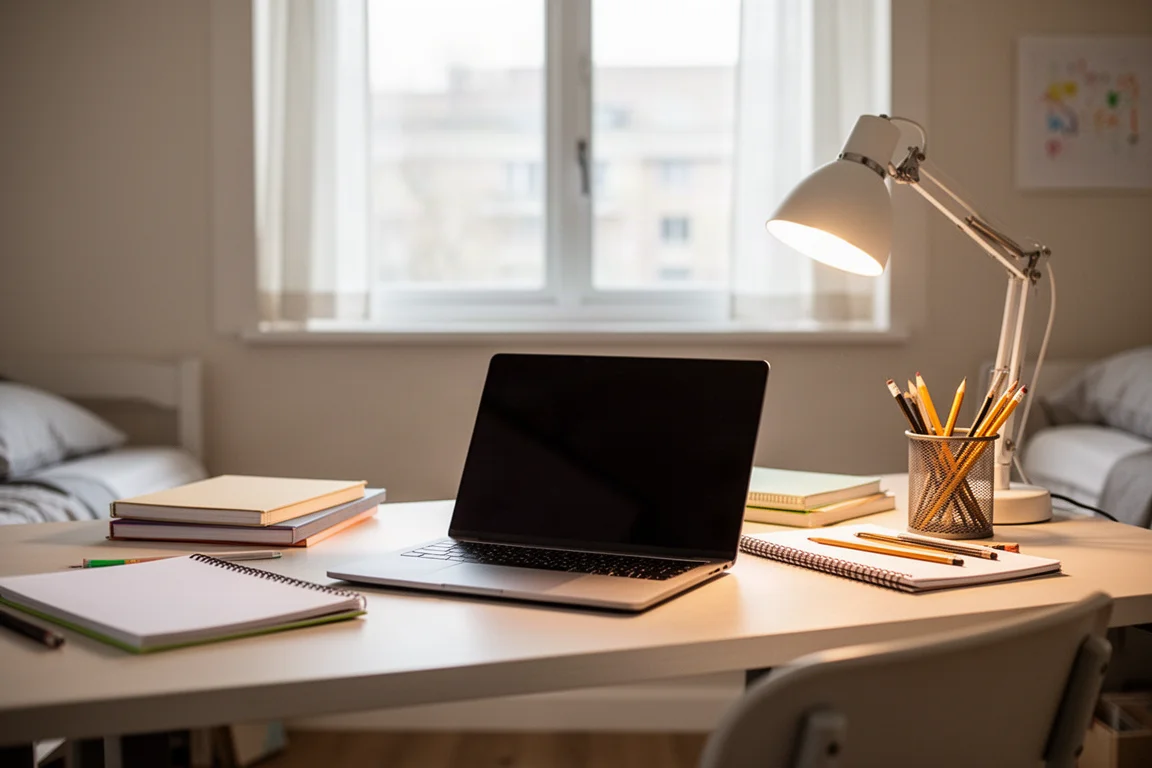 Schreibtisch eines Studenten mit Laptop und Lampe in einem aufgeräumten Wohnheimzimmer
