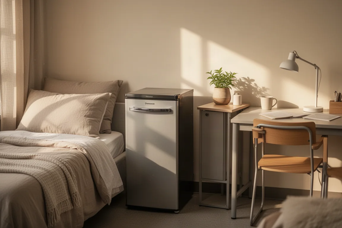 Ecke eines Wohnheimzimmers mit Minikühlschrank und aufgeräumtem Lernbereich