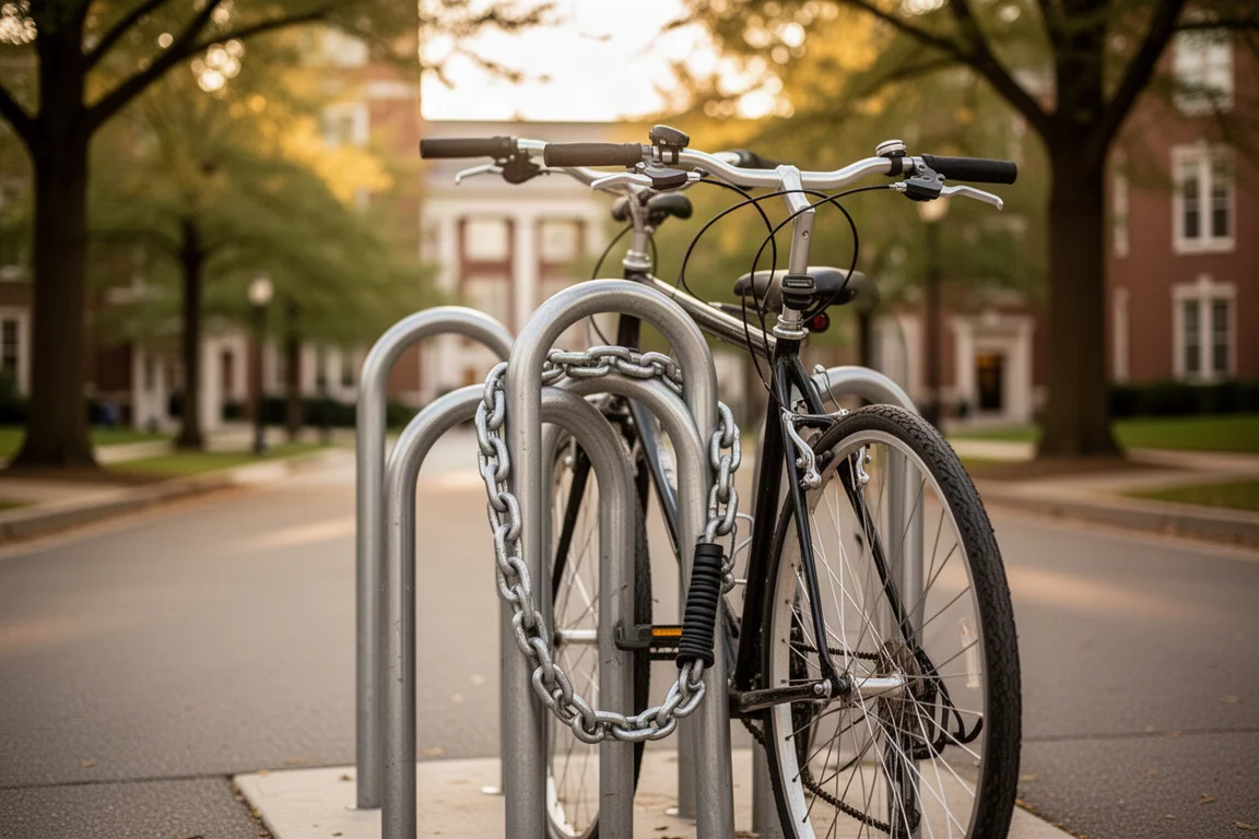 Fahrrad an einem Fahrradständer auf einer ruhigen Campusstraße angeschlossen
