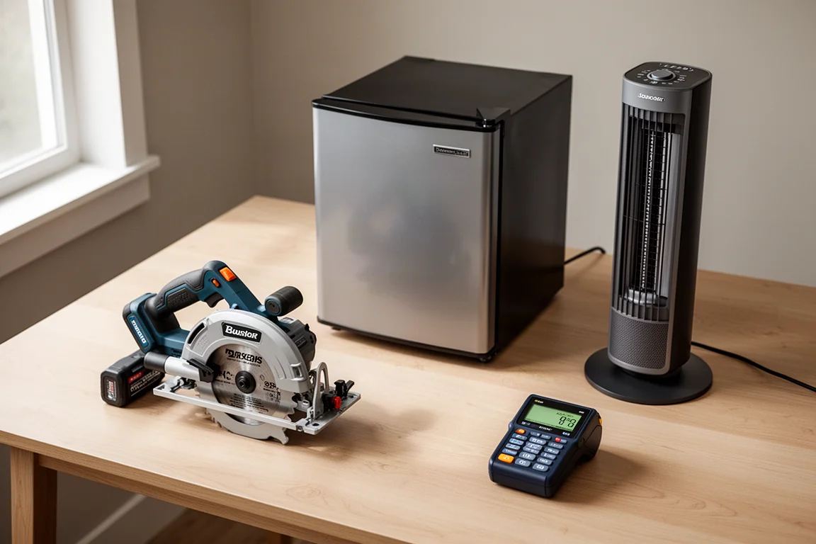 Back to school product arrangement with cordless saw, mini fridge, tower fan, and label maker on a wooden desk
