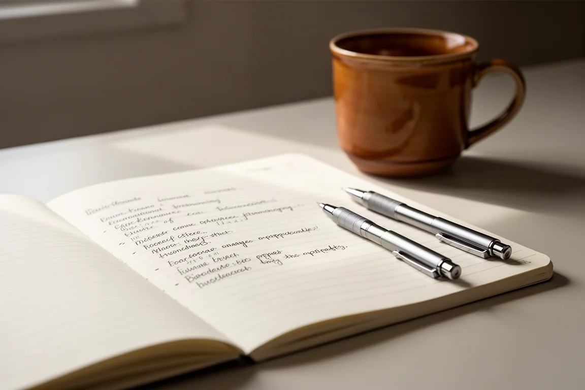 Open notebook with handwritten pencil notes on a wooden study desk