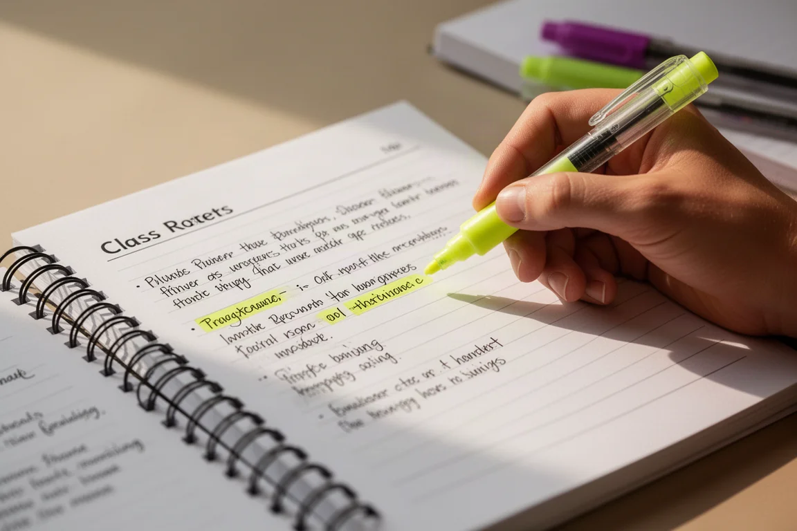 Hand highlighting handwritten class notes in a notebook