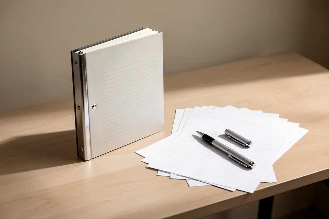 Slim binder notebook open on a desk beside loose sheets of paper