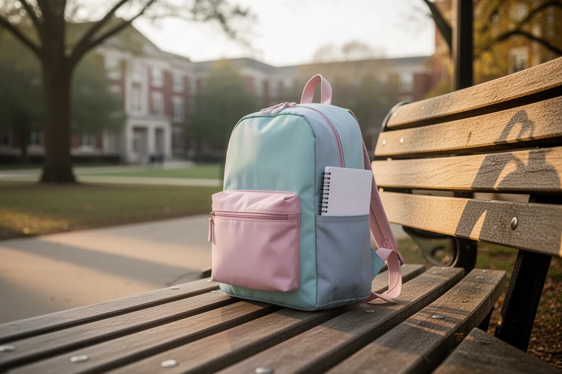Student backpack on a campus bench in soft morning light