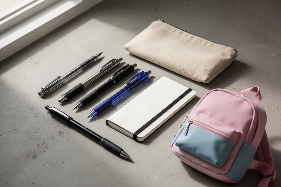 Flat lay of pens, pencils, pen case, binder notebook, and backpack on concrete