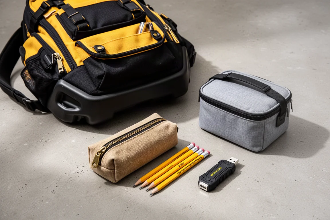 Flat-lay of tool-grade backpack, pencil pouch, pencils, cooler and USB drive on concrete