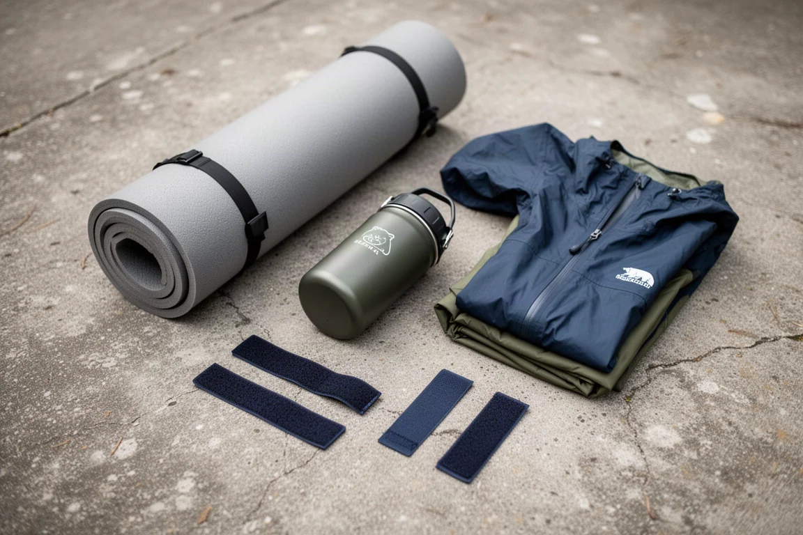 Flat-lay van backpacking accessoires gerangschikt op verweerd beton