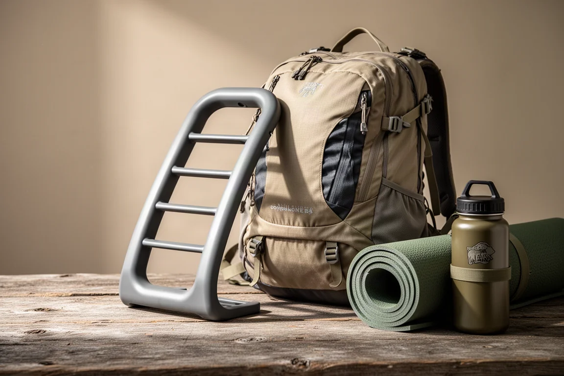 Plastic back ventilation frame beside a lightweight hiking backpack on wood