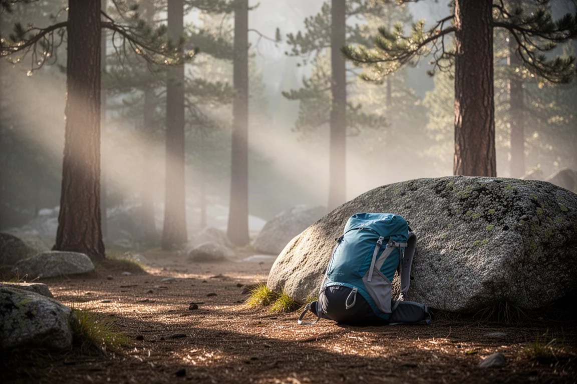 Campamento alpino con niebla al amanecer y una mochila apoyada en una roca de granito