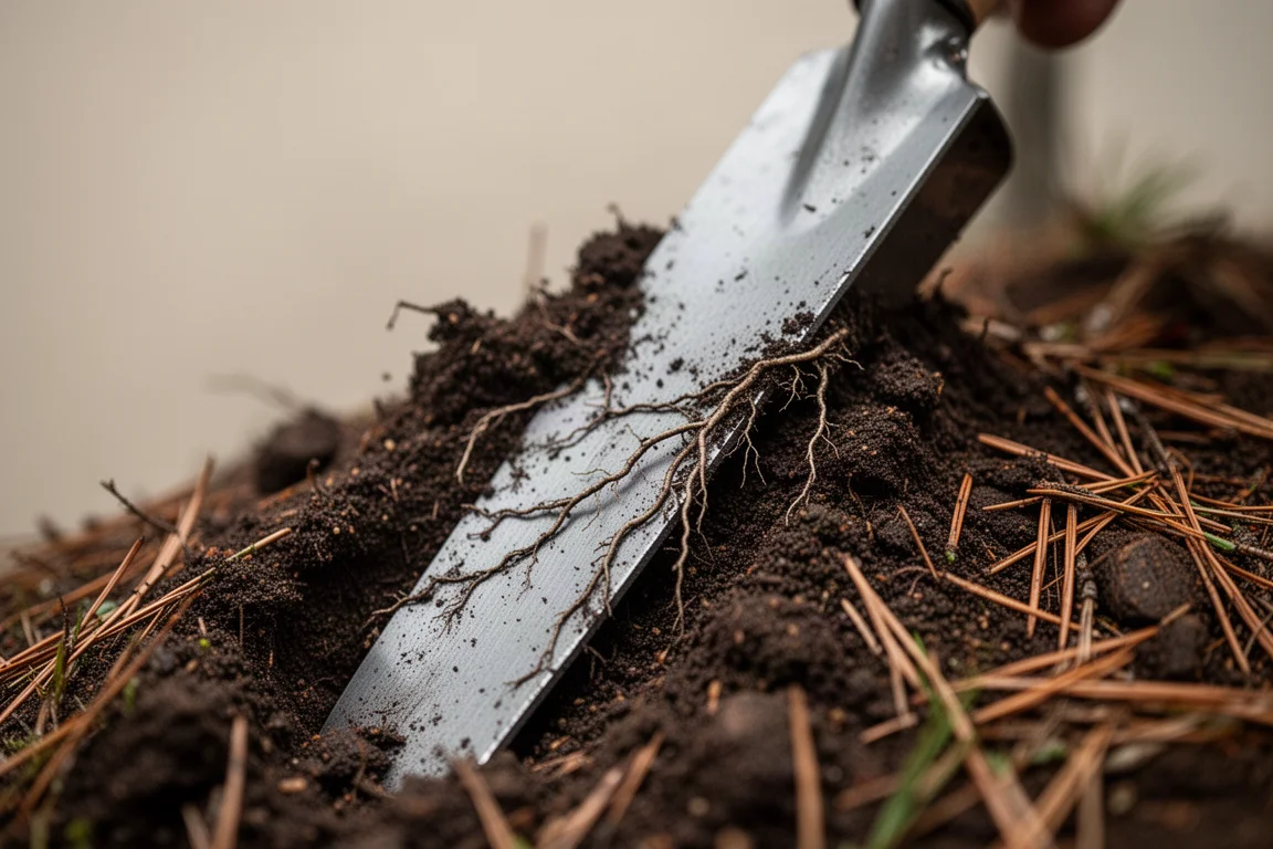 Hoja estrecha de pala cortando tierra oscura de bosque junto a finas raíces de árbol