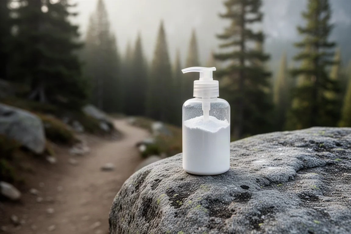 Pequeña botella transparente de jabón en polvo blanco sobre una roca junto a un sendero