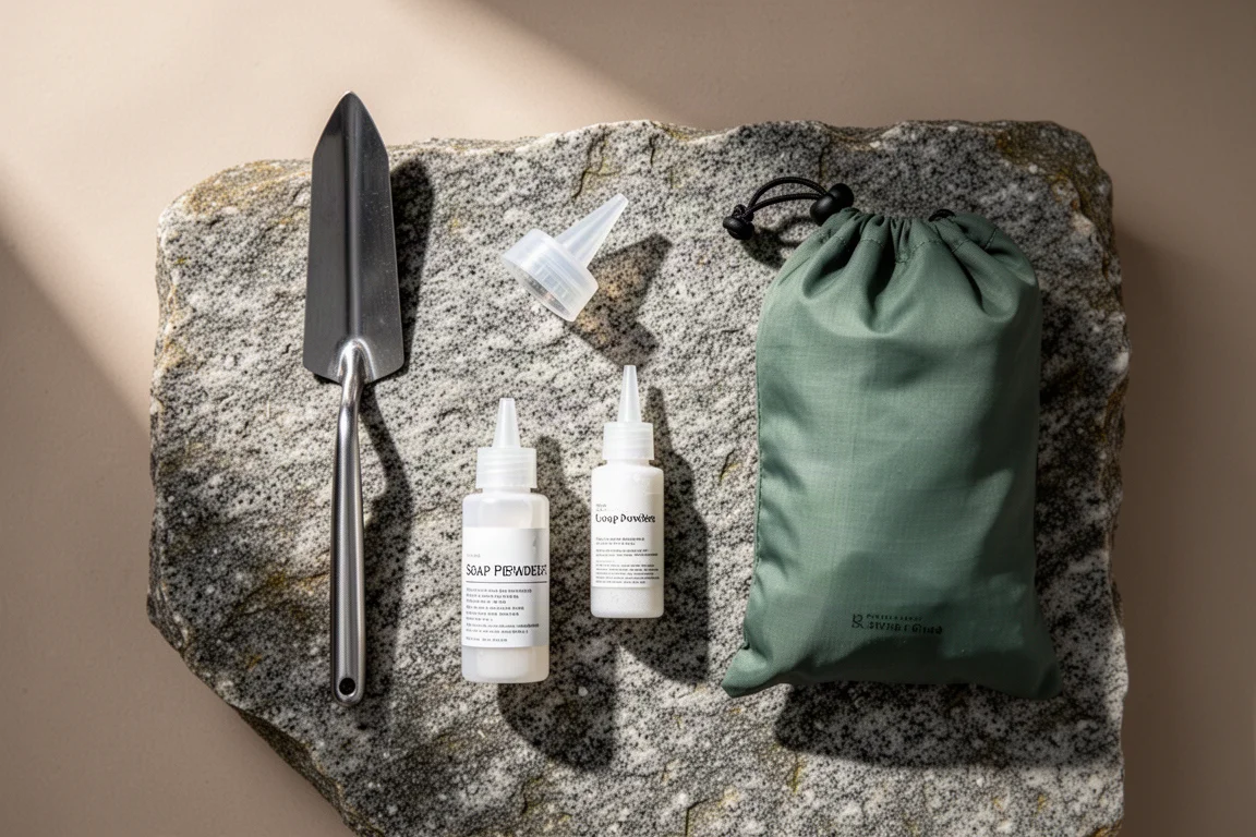 Vista cenital de un pequeño kit de higiene de monte colocado sobre granito desgastado