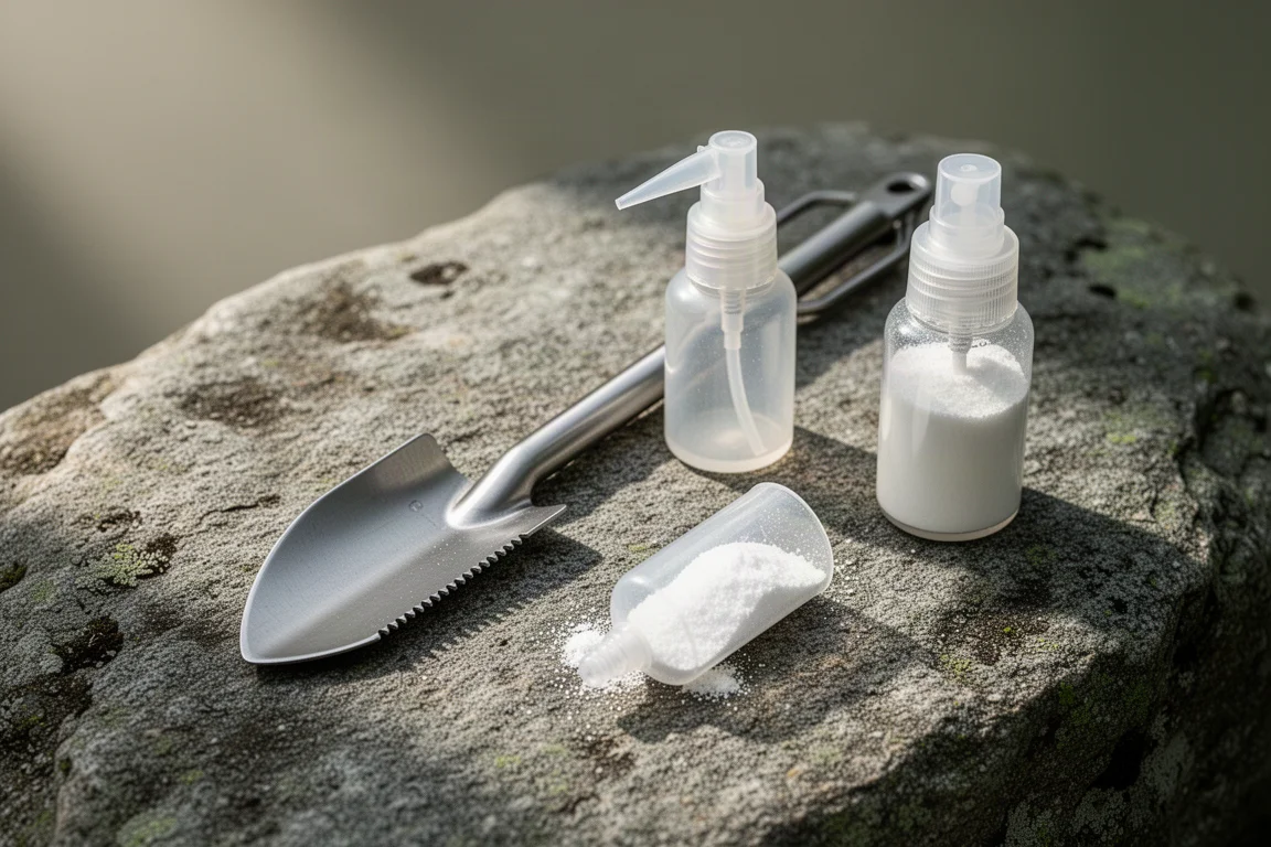 Backcountry hygiene kit with trowel, bottle nozzle and soap powder on grey granite