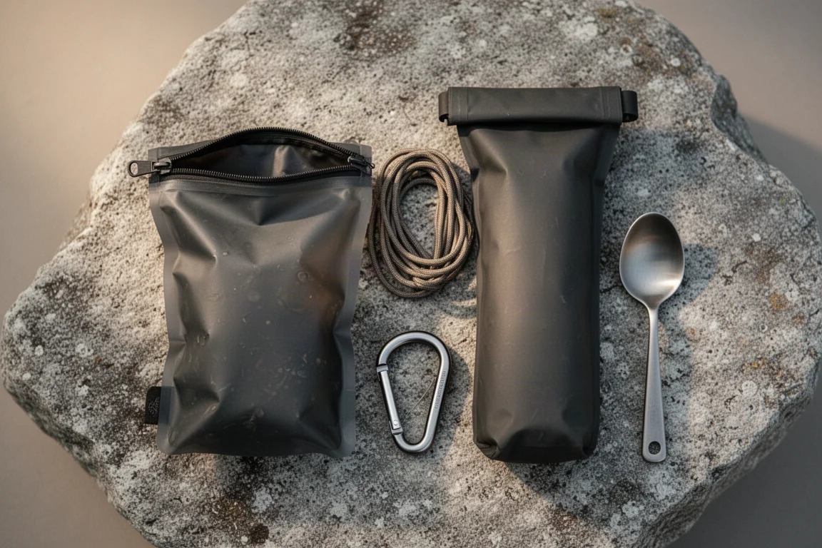 Vista cenital de dos bolsas de comida de mochilero, cordón enrollado y un mosquetón sobre granito