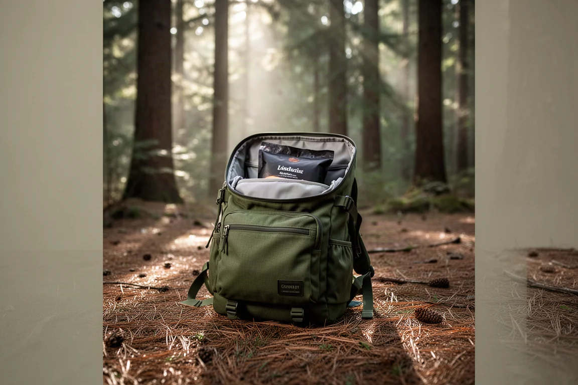 Mochila de carga superior abierta en el suelo del bosque con una bolsa de comida metida arriba