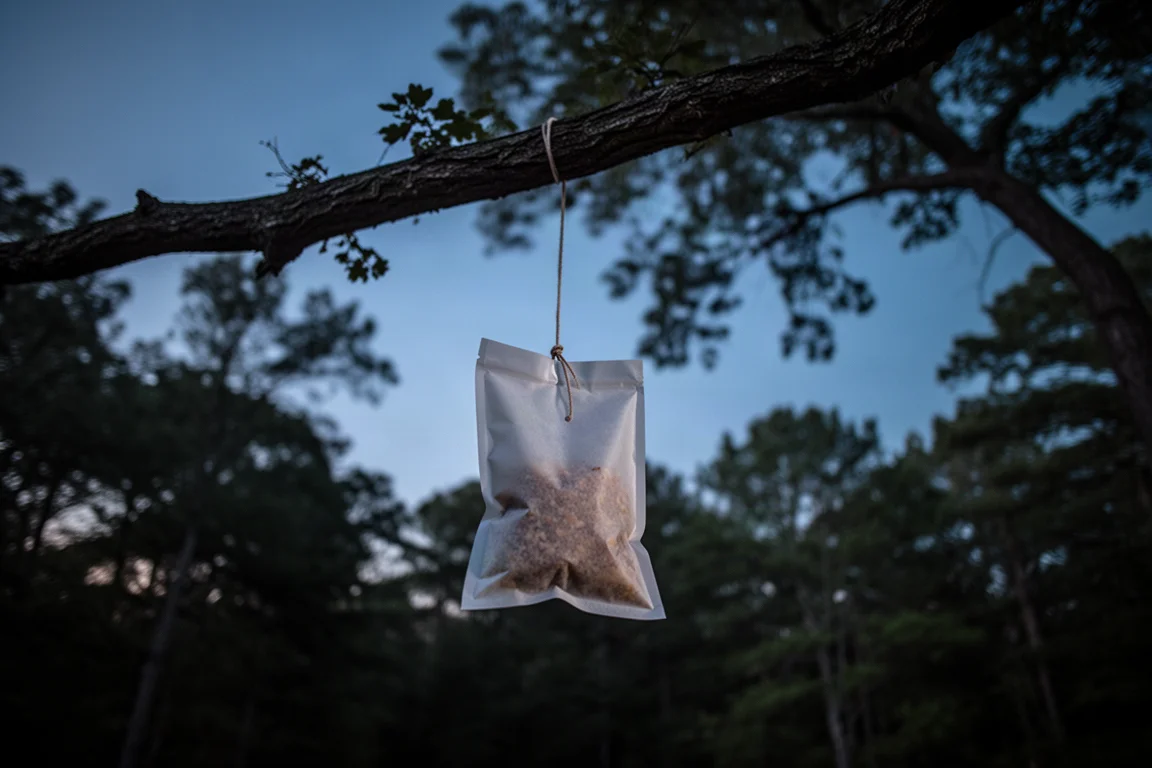 Bolsa de comida colgada de un cordón lanzado sobre una rama al atardecer
