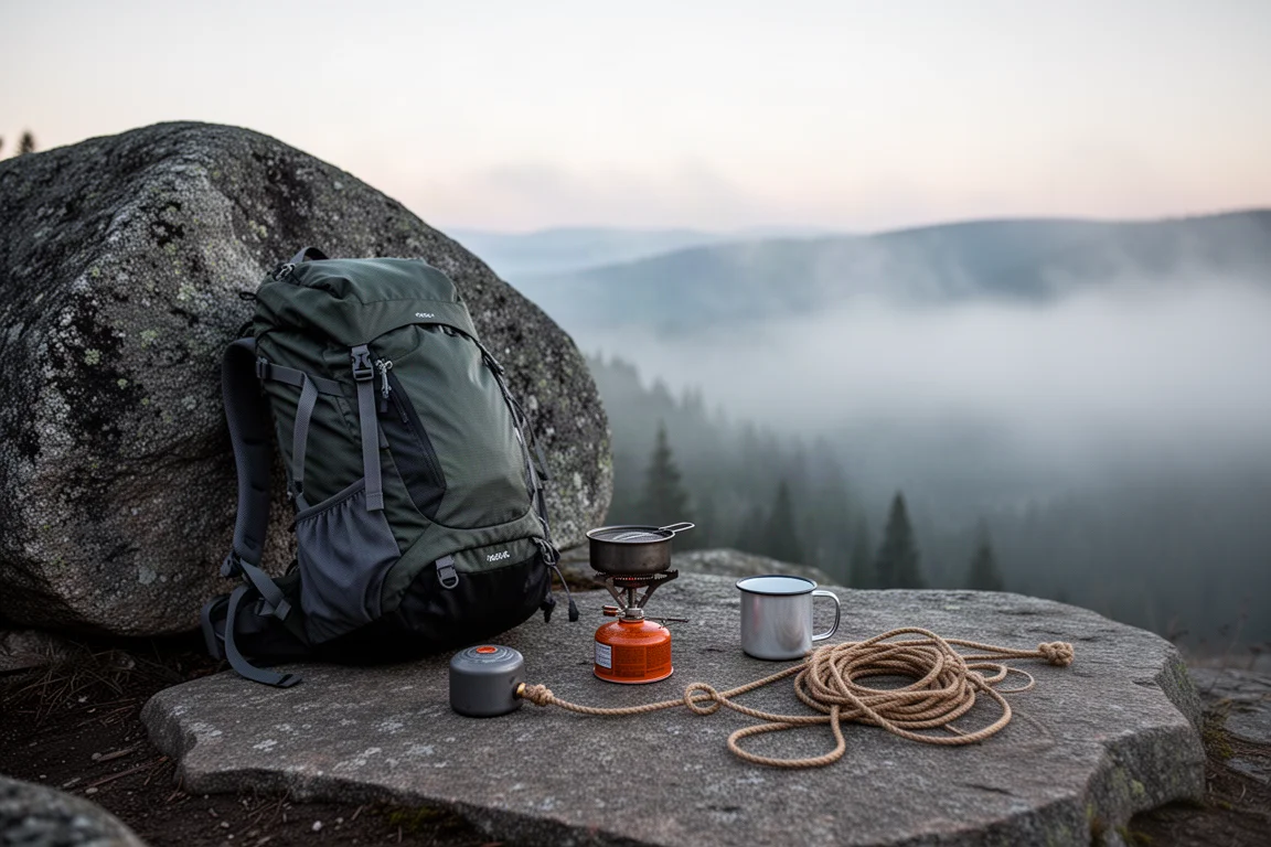 Campamento junto al sendero al amanecer con mochila cargada, hornillo, taza y cordón bear line enrollado