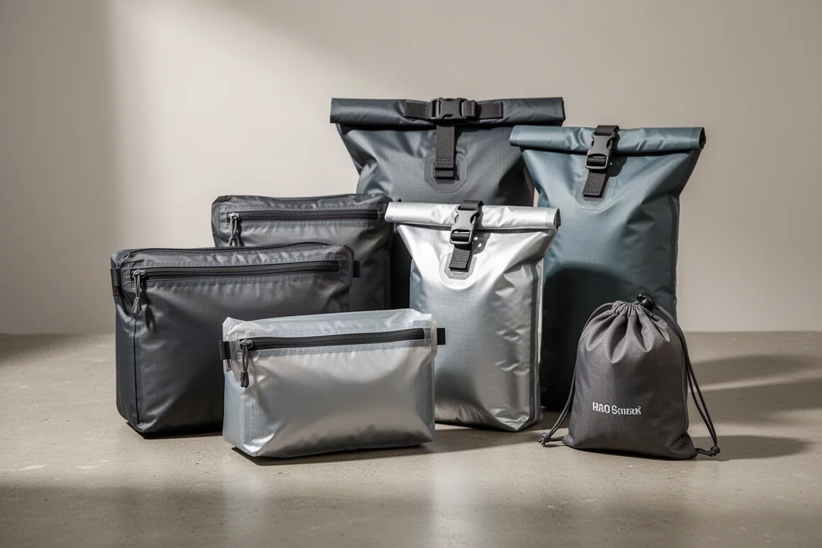 Group of backpacking food bags in charcoal and silver fabrics arranged on a concrete surface