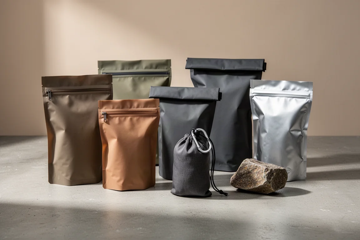 Zippered and roll top backpacking food bags side by side on a concrete surface