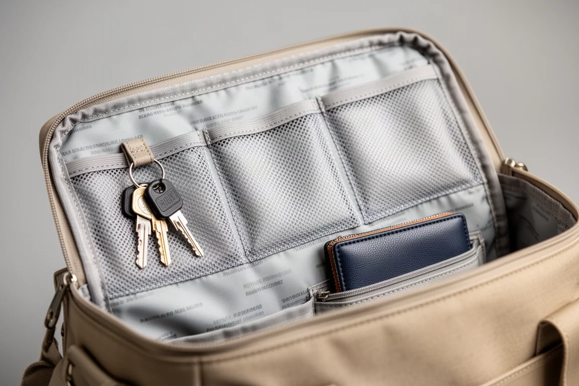 Dettaglio macro del tessuto in nylon ripstop a motivo quadrettato su una borsa porta attrezzatura
