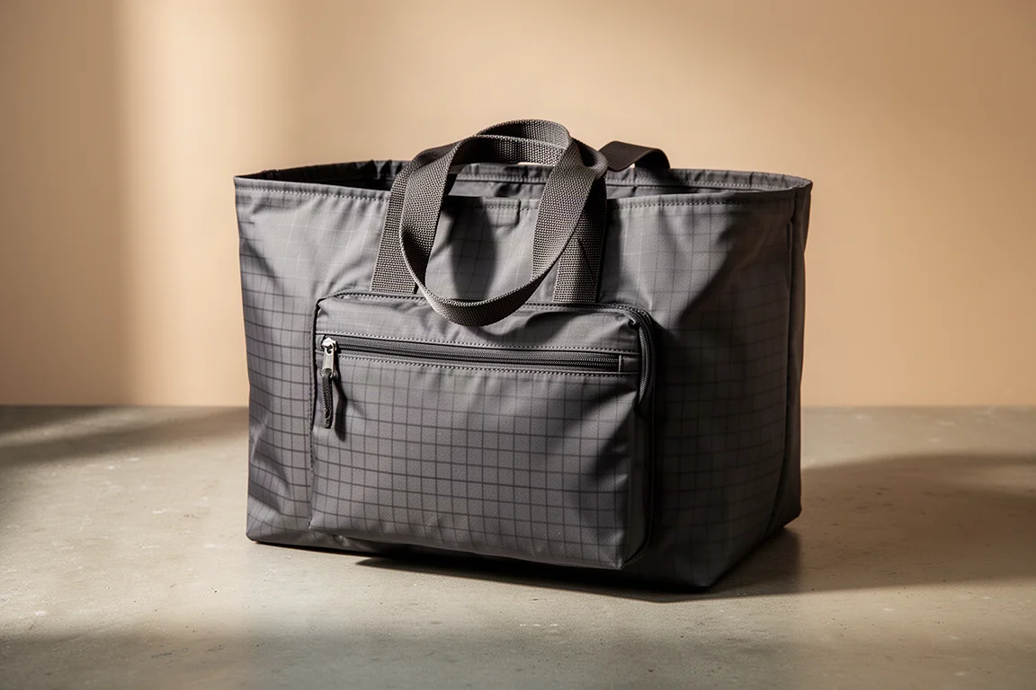 Olive grid nylon gear tote with folded webbing handles standing on a concrete floor